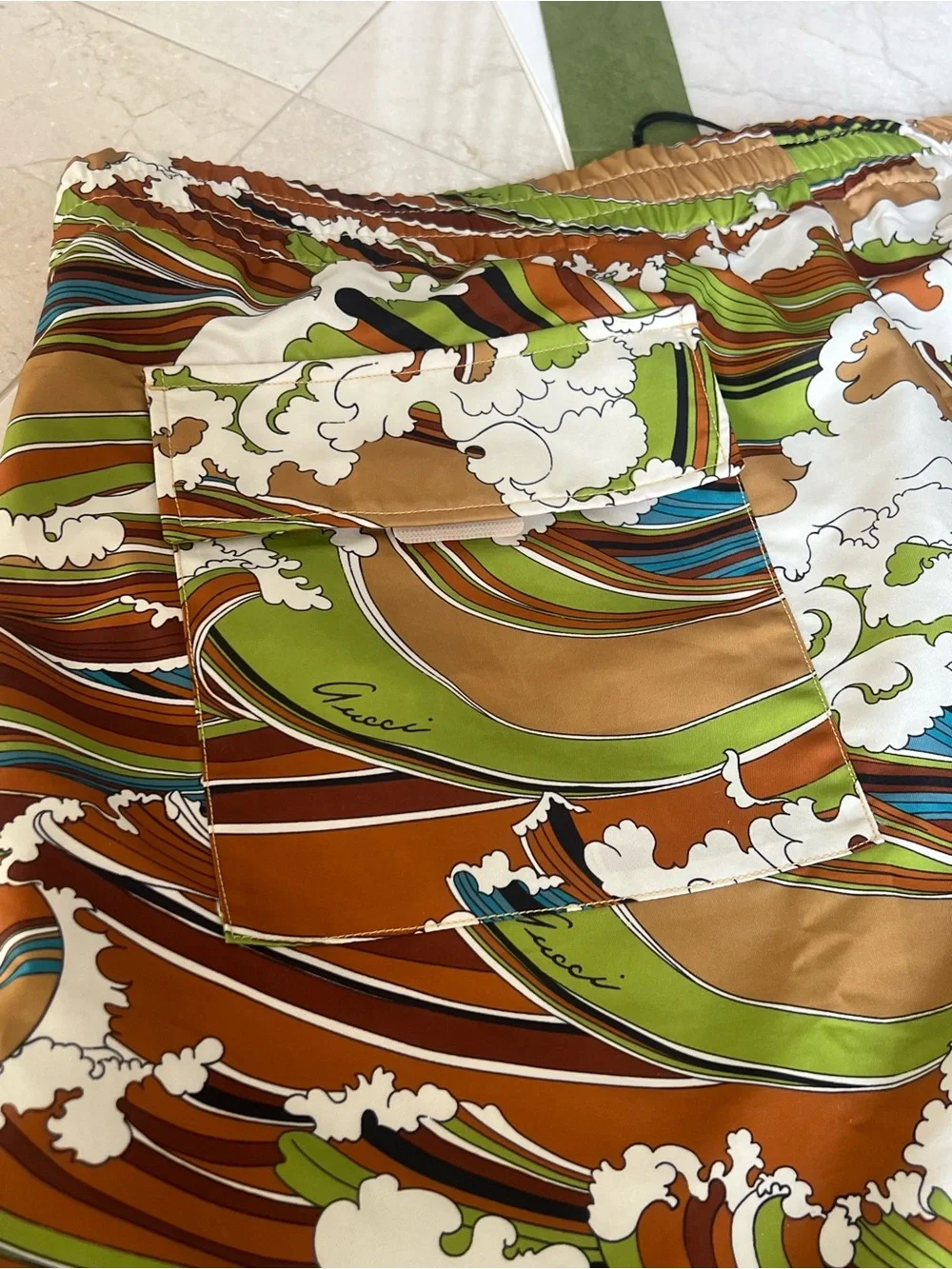 Gucci Brown Green Wave-Print Men's Hybrid Shorts